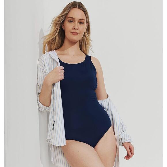 NEW NWT Land's End Navy 12 Swimsuit Tummy Control Scoop Neck Sporty One Piece - Picture 1 of 7